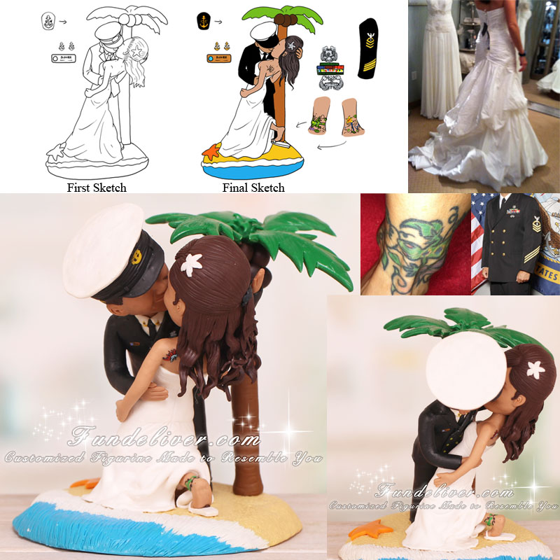 Beachy Theme Kissing Navy Chief Military Wedding Cake Toppers